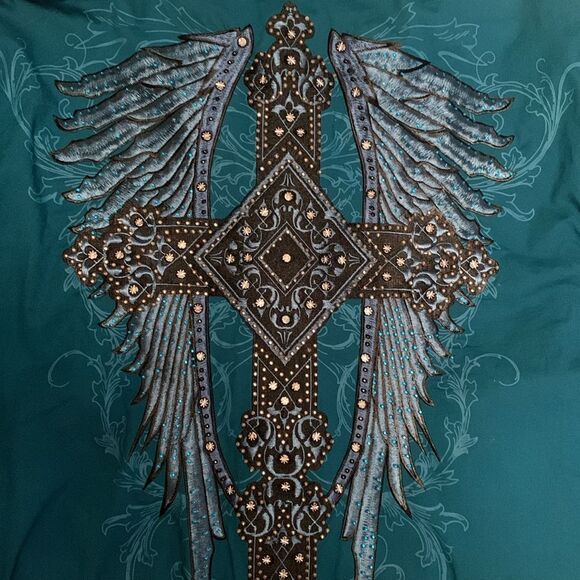 Victorious Teal Blue Long Sleeve Shirt with Embellishments Crosses Shirt Size XL - Picture 3 of 8